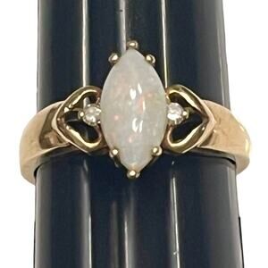 VTG 10K Gold Genuine Marquise Cut OPAL RING Size 6.5 Diamonds In Heart Metalwork
